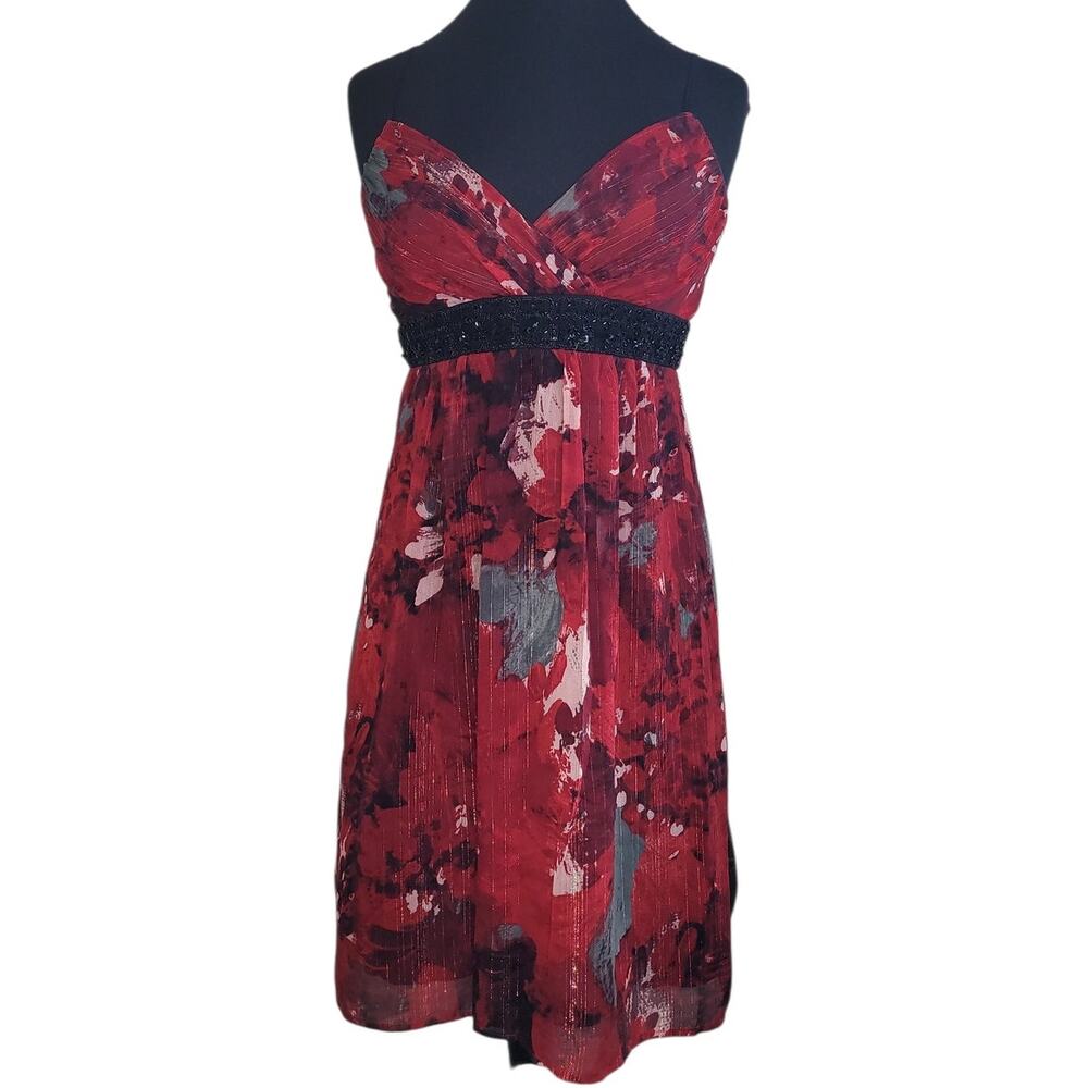 VTG Y2K Red Floral Party Dress Beaded Waist Retro Goth Fairycore 8 Romantic